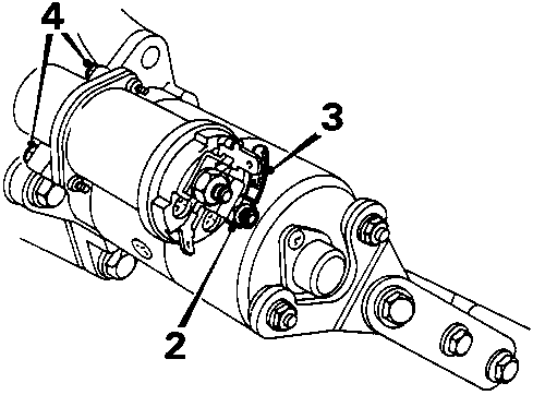 Diagram of starter solenoid attached to starter motor showing numbered components 2 and 3 with mounting bolts