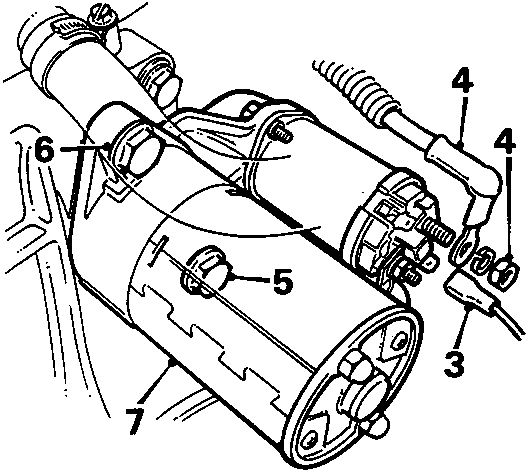 Diagram of starter motor showing numbered components 3, 4, 5, 6, and 7 with connections to the differential housing