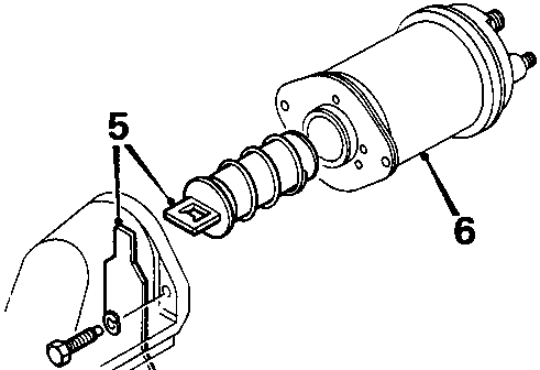 Diagram of removed starter solenoid showing numbered components 5 (plunger/lever mechanism) and 6 (solenoid body)