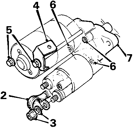 Diagram of starter solenoid assembly with callout numbers 2, 3, 4, 5, 6, 6, 7