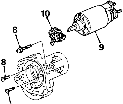 Exploded diagram of starter solenoid components with callout numbers 8, 8, 8, 9, 10