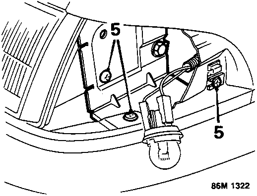 Diagram showing removal of 3 screws securing headlamp to wing valance, labeled 5.
