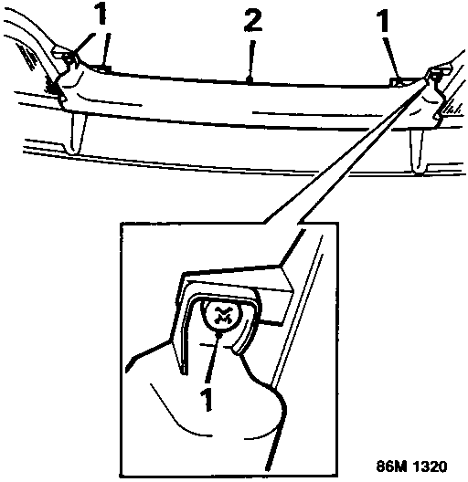 Diagram showing removal of screws securing radiator grille to headlamps, labeled 1 and 2.