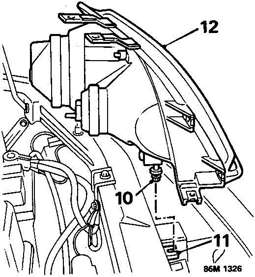 Diagram showing the headlamp assembly being removed, with callout numbers 10 (nut), 11 (stud/bracket), and 12 (headlamp complete with finisher).