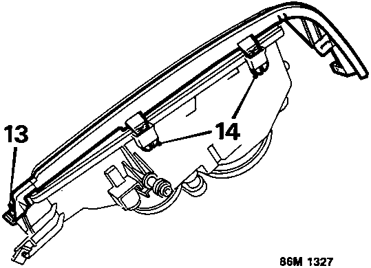 Diagram showing the detached headlamp unit with the lower finisher, with callout numbers 13 (screw) and 14 (clips).