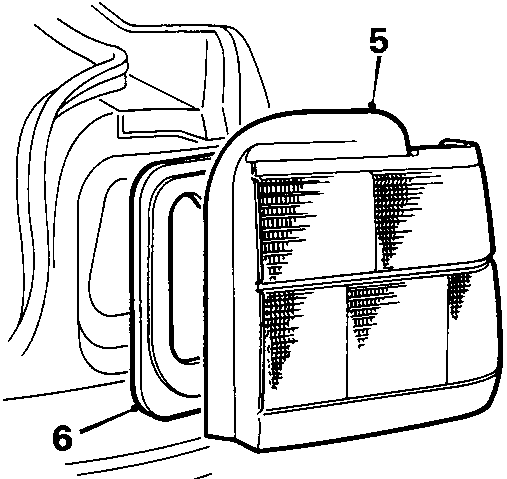Diagram showing the tail lamp assembly (5) being pulled away from the vehicle body, with sealing rubber (6) visible around the edge.
