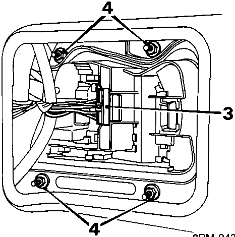 Diagram showing the inside of the tail lamp access panel, with wiring and multiplug connector labeled 3, and four nuts labeled 4.