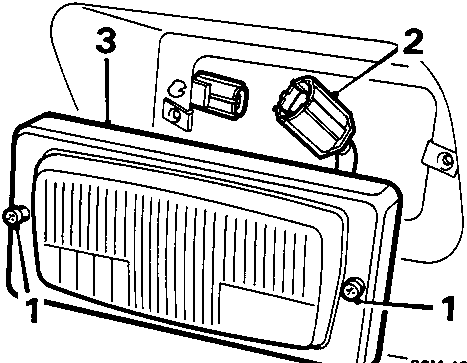 Diagram showing the front fog lamp assembly (1) with its mounting screws (2) and electrical multiplug connector (3).