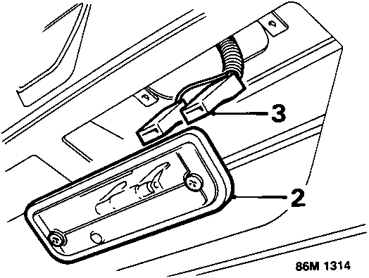 Diagram showing number plate lamp assembly with Lucar connectors (3) and release mechanism (2)