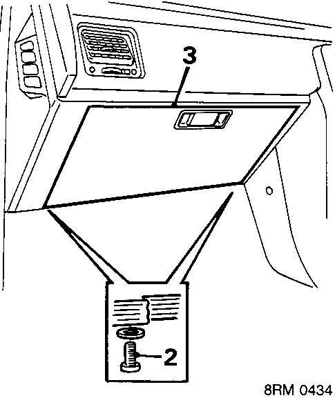 Diagram showing glove box lid and support rail with callout numbers 2 and 3, reference 8RM 0434