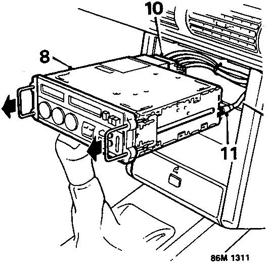 Diagram showing the radio cassette player being pulled out of the fascia panel with removal tool, revealing multiplugs and aerial, with callout numbers 8, 10, and 11.