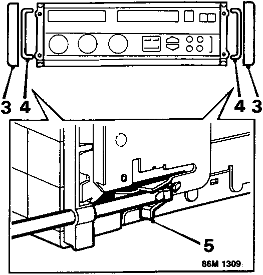 Diagram showing side finishers and radio removal tool SMD 4091 inserted into holes at the edge of the unit, with callout numbers 3, 4, and 5.