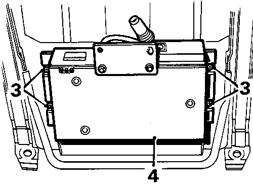 Diagram showing the underside of the passenger seat with the autochanger assembly installed, secured by screws (callout 3) and featuring a flylead bracket (callout 4).