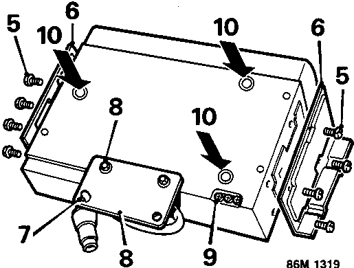 Diagram of the removed autochanger assembly showing mounting brackets (callouts 5, 6), flylead bracket (callouts 7, 8), transportation screws (callout 9), and arrows indicating screw removal/fitting locations (callout 10).
