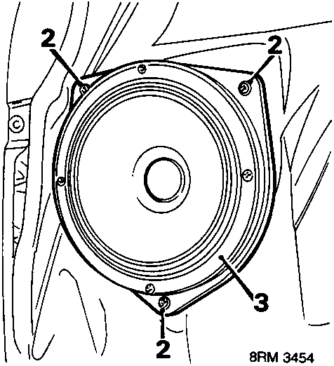 Diagram of a speaker mounted in a door panel with callout numbers 2 and 3