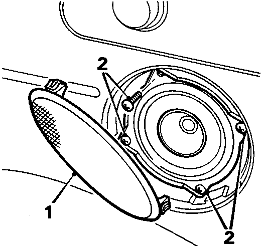Diagram showing speaker grille and fixing screws on rear quarter trim panel