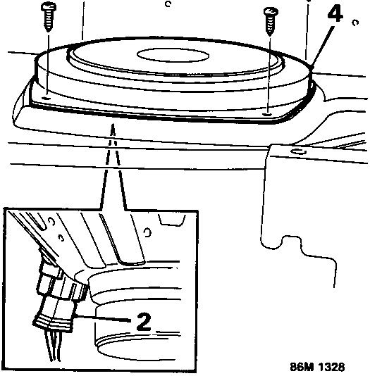 Diagram showing speaker secured to rear shelf platform with screws and multiplug connection