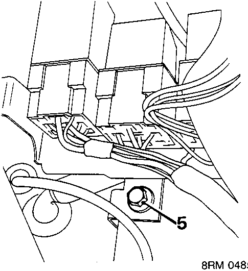 Diagram showing the relay bracket and wiring near the battery area, with callout number 5 pointing to a bolt on the bracket.