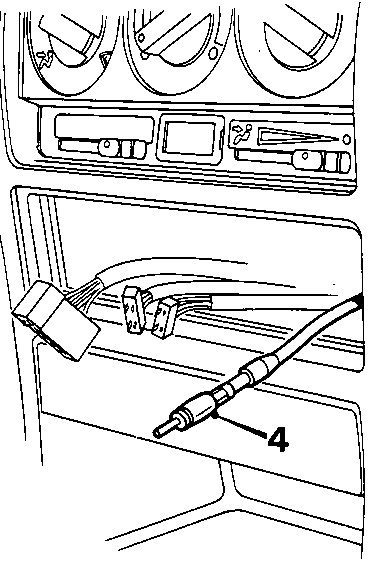 Diagram of the dashboard console area showing the fuse cover location and a coaxial cable connector, with callout number 4 pointing to the cable.