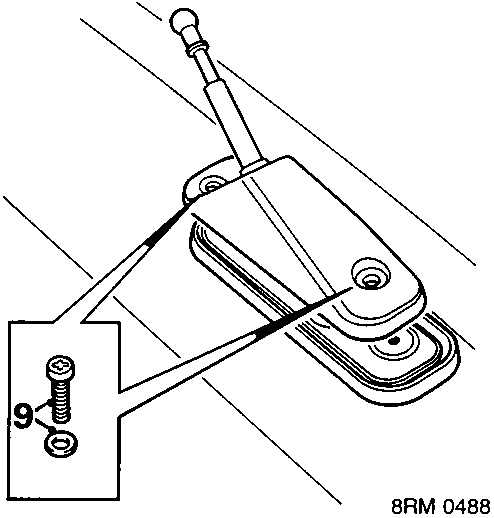 Diagram showing the removal of an aerial from the roof, with callout number 9 indicating the screws and washers. Reference code 8RM 0488.