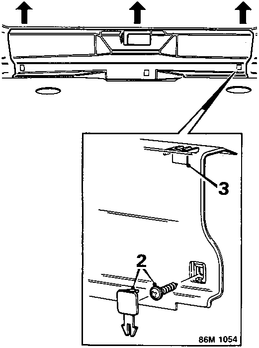 Diagram showing removal of luggage compartment carpet, centre casing, and side valance carpet with callout numbers 2 and 3