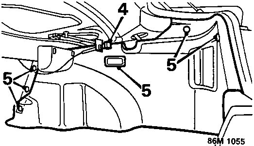 Diagram showing release of rear seat squab catch, removal of fixing studs, and disconnecting luggage compartment lamp with callout numbers 4 and 5