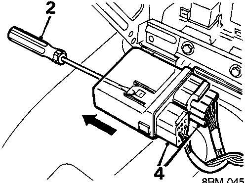 Diagram showing the release of the relay module from its bracket using a screwdriver to release the catch, with callout numbers 2 and 4 visible.