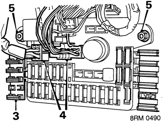 Diagram of the main fuse block area showing harness multiplugs labeled 3, 4, 5.
