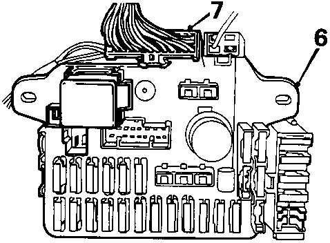 Diagram showing the main fuse block being released from studs with harness multiplug labeled 6, 7.