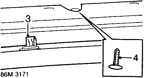 Diagram showing the location of the LH and RH 'D/E' post trim finishers (3) and the rear headlining retaining studs (4) inside the luggage compartment area.