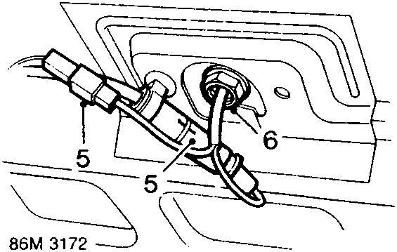 Diagram showing the connection of the aerial coaxial lead (5) and power lead (5) to the aerial base (6) mounted on the roof panel.