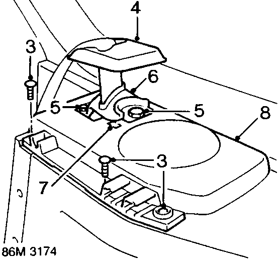 Diagram showing removal of luggage compartment cover mounting panel, seat belt guide bracket and cover (86M 3174)