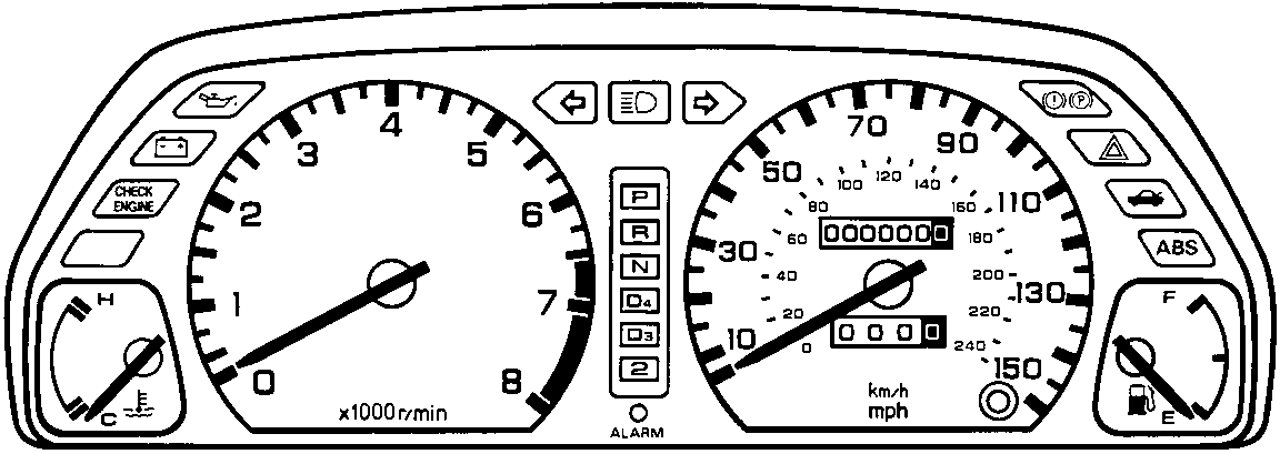 Instrument panel showing speedometer, tachometer, fuel gauge, temperature gauge, and various warning lights and indicators