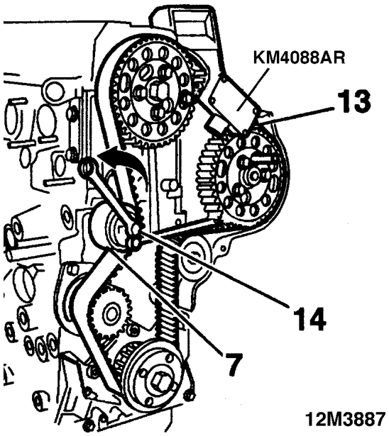 Pretensioning the timing belt – WARNING: Angular travel (a) of the pulley (10), with respect to the belt, must not be grea