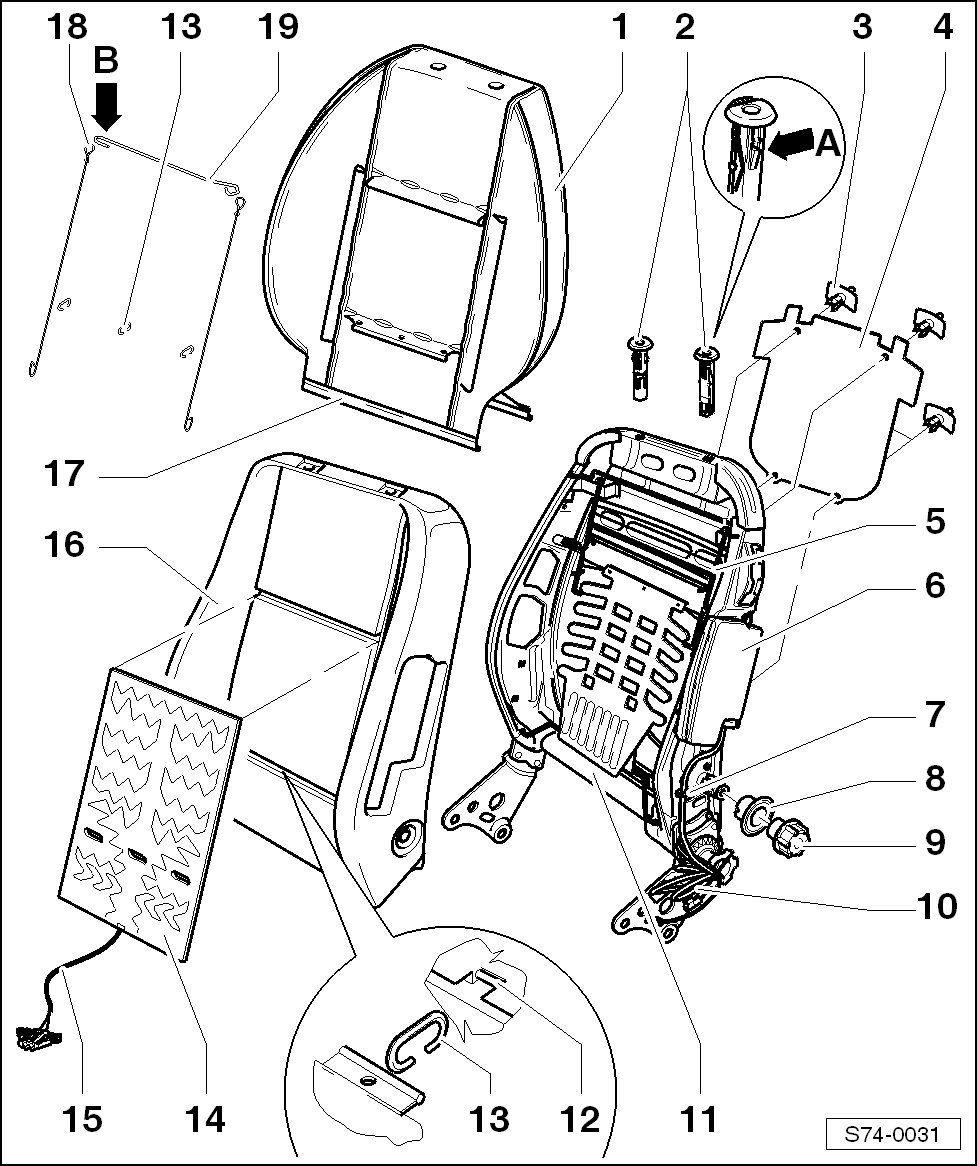 Skoda Workshop Manuals > Octavia Mk1 > Body > Body Work > Seat padding,  covers > Covers and front seat upholstery > Removing and installing front  backrest ...