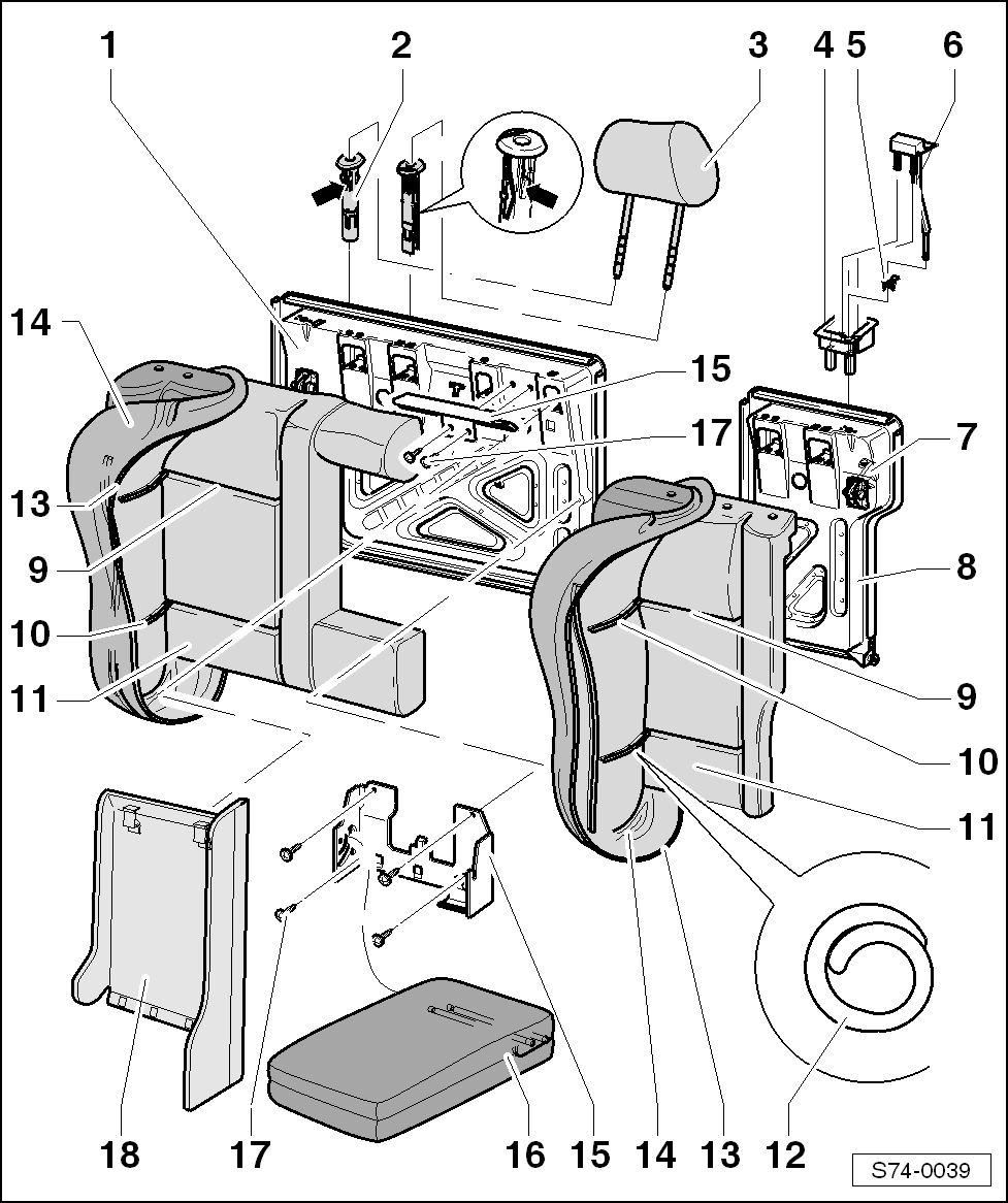 Body > Body Work > Seat padding, covers > Rear seat covers and upholstery >  Assembly overview of covers and upholstery for rear backrests (with  armrest, ...