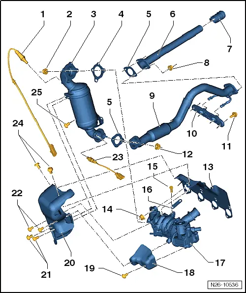 Skoda Workshop Manuals > Octavia Mk2 > Power unit > 1,2/63; 77 kW TSI  engine > Exhaust system > Removing and installing parts of the exhaust  system > Catalytic converter and component parts - Summary of components