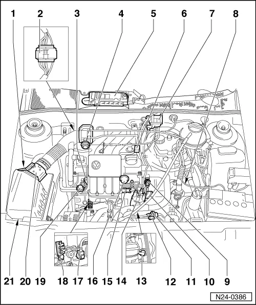 Volkswagen Workshop Manuals > Golf Mk3 > Power unit > Simos injection and  ignition system > Mixture preparation system, electronic inj.,Gas > Simos  injection and ignition system > Fitting locations overview