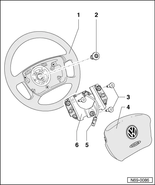 Volkswagen Workshop Service and Repair Manuals > Golf Mk4 > Body  |<br><br>General body repairs, interior |<br><br>Passenger protection  |<br><br>Airbag |<br><br>Removing and installing steering wheel |<br><br> Removing