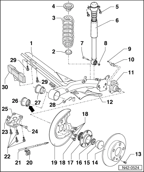 Volkswagen Workshop Manuals > Golf Mk4 > Running gear, axles, steering -  front and four-wheel drive > Rear suspension, drive shaft > Repairing rear  axle > Assembly overview - rear axle beam
