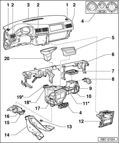 Volkswagen Workshop Manuals > Golf Mk4 > Heating, ventilation, air  conditioning > Heating, air conditioning > Air conditioner > Air  conditioning system with manual controls > Air conditioning and heating  system - passenger compartment