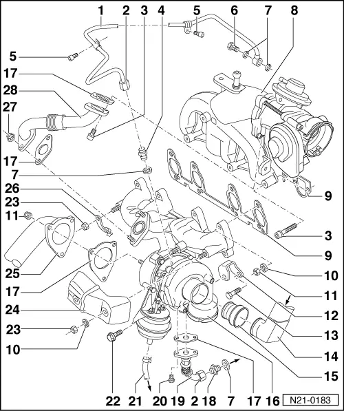 Volkswagen Workshop Manuals Golf Mk4 Power Unit 4 Cylinder Diesel Engine With Unit Injector Exhaust Turbocharger G Charger Charge Air System With Turbocharger Assembly Overview Turbocharger With Attachments Engine Code Axr