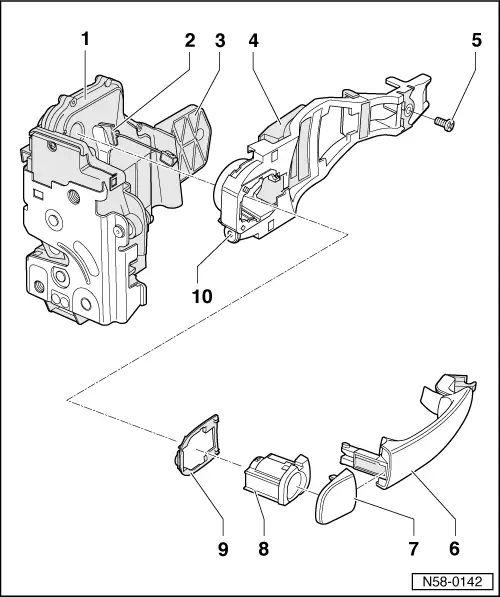 Volkswagen Workshop Manuals > Golf Mk4 > Body > General body repairs,  exterior > Rear door,sliding door,wing doors,central locking > Rear door >  Assembly overview - door handle and door lock