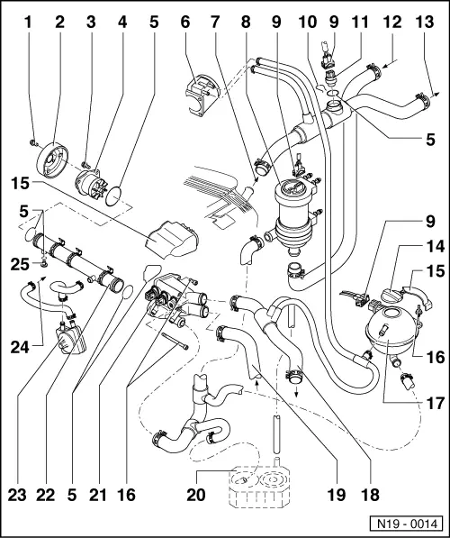 Volkswagen Workshop Manuals > Passat (B3) > Power unit > 6-cyl. fuel  injection engine Mechanics > Engine cooling > Removing and installing parts  of cooling system > Parts of cooling system engine side