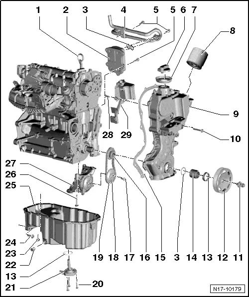 Volkswagen Workshop Manuals > Polo Mk5 > Power unit > 4-cylinder injection  engine (1.4 l direct injection engine, turbocharger and supercharger) >  Engine lubrication > Sump, oil pump > Assembly overview - sump, oil pump
