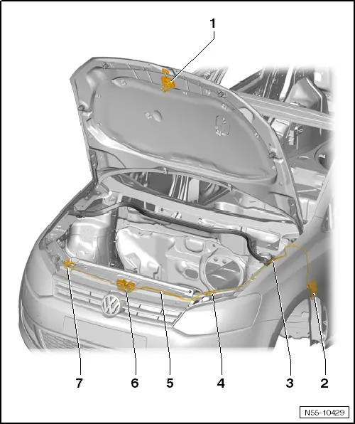 Volkswagen Workshop Manuals > Mk5 > Body > General repairs, exterior > Bonnet, flaps, cab, locking > Bonnet > Assembly overview - bonnet lock and release components