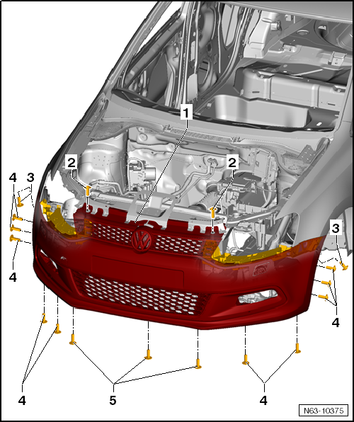 Volkswagen Workshop Manuals > Polo Mk5 > Body > General body repairs,  exterior > Bumper > Front bumper cover, Polo > Front bumper cover, Polo  »GTI« > Removing front bumper cover, Polo »GTI«